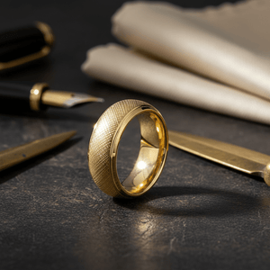 PYXIS — Editorial masculine still life — men's tungsten wedding ring.