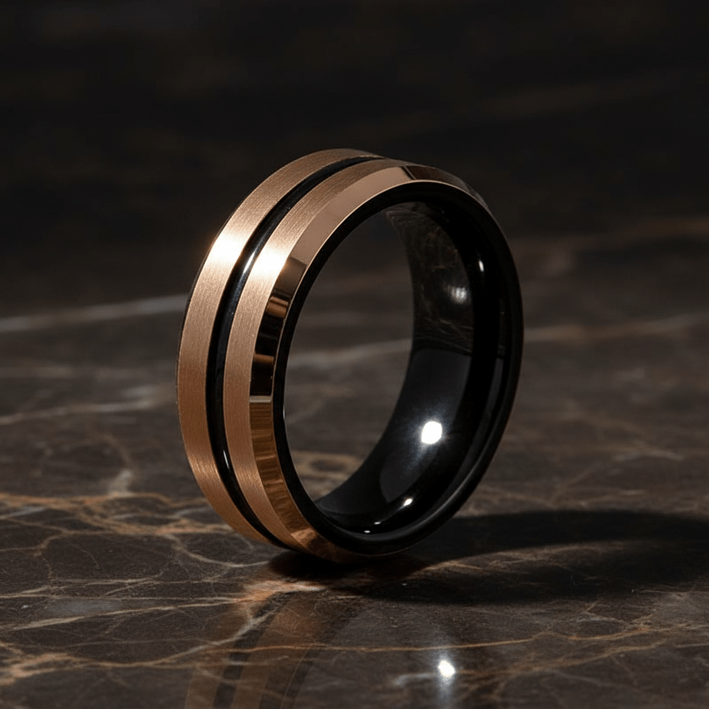 QUAKE — detail view — men's tungsten carbide wedding ring | Aydins Jewelry