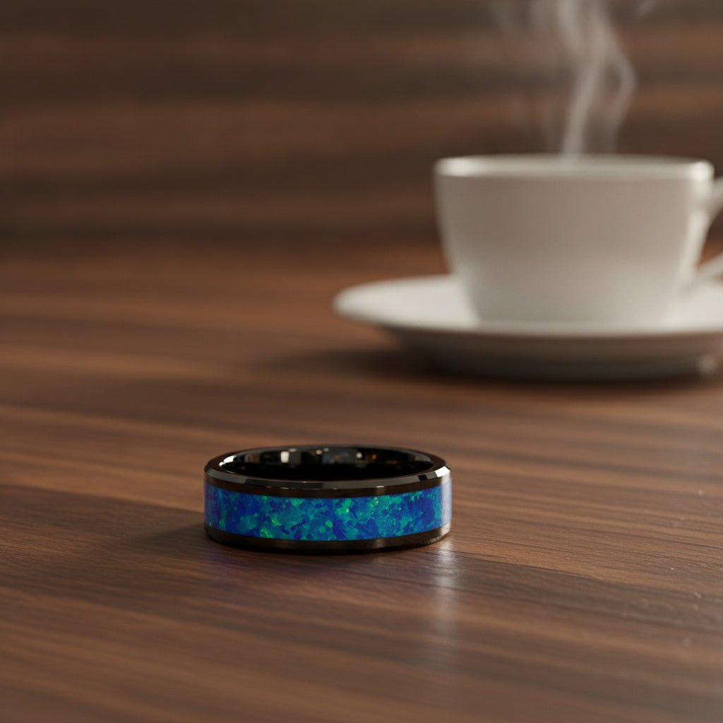 QUANTUM black ceramic wedding band with blue and green opal inlay running around the band and polished beveled edges resting on a walnut wood counter, lifestyle scene