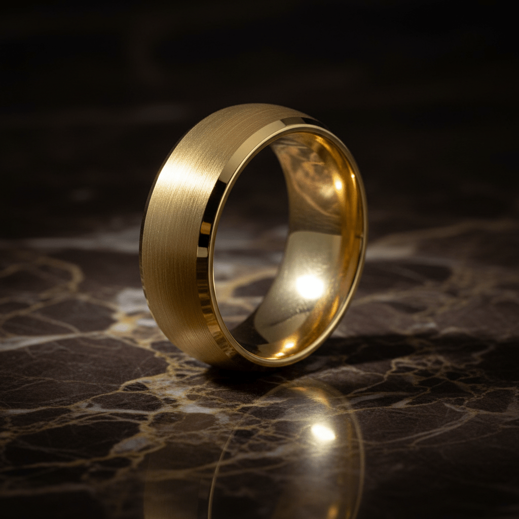 RADIANCE — Luxury 3/4 angle on dark marble — men's tungsten wedding ring.