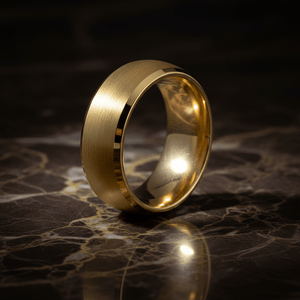 RADIANCE — Luxury 3/4 angle on dark marble — men's tungsten wedding ring.