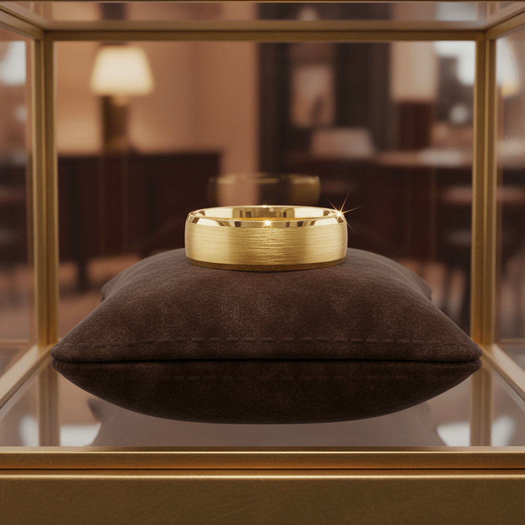 RADIANCE — Premium boutique display on velvet — men's tungsten wedding ring.