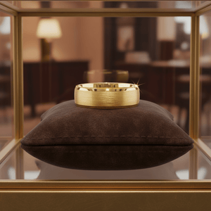 RADIANCE — Premium boutique display on velvet — men's tungsten wedding ring.