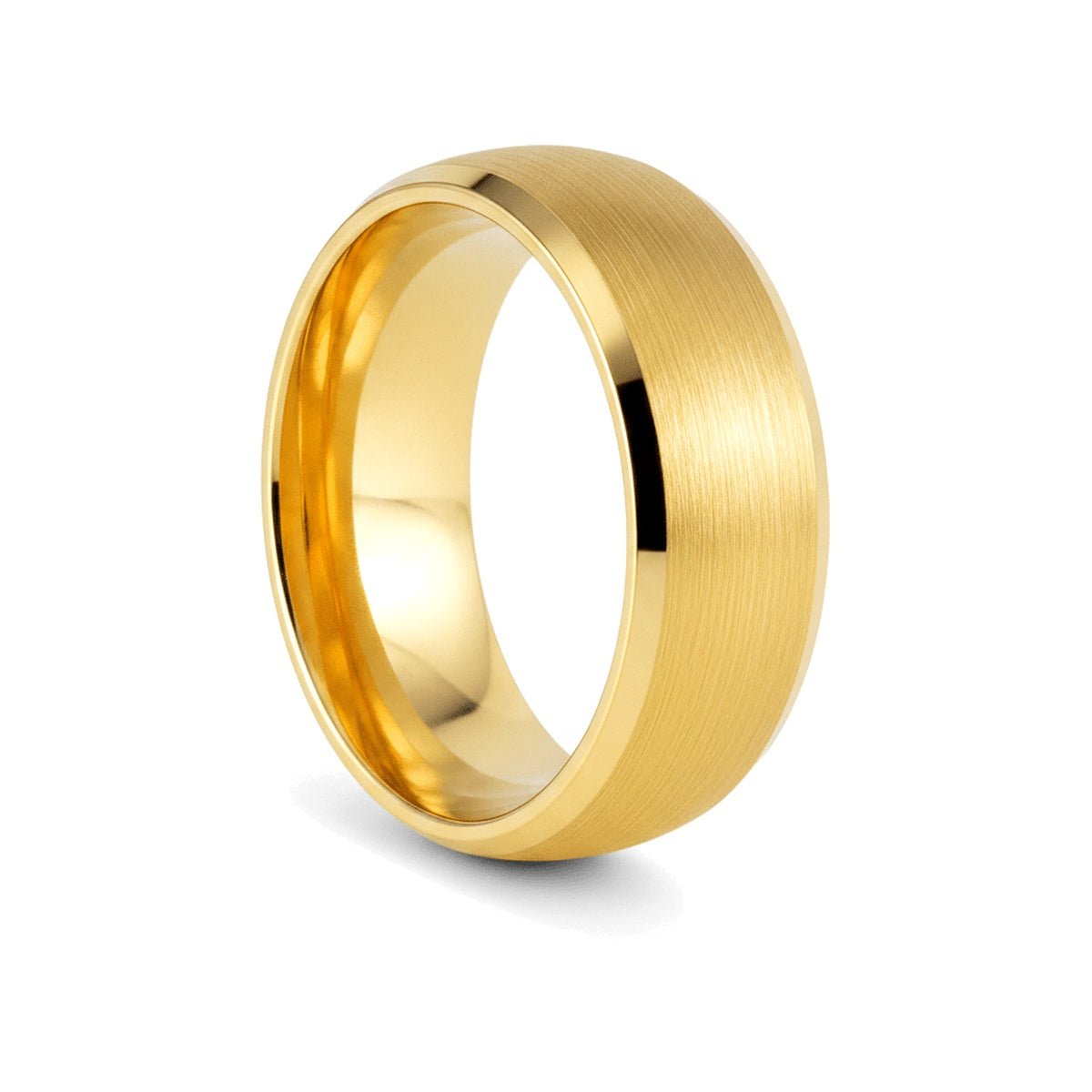 RADIANCE yellow gold tungsten wedding ring with brushed center and beveled edges - front view