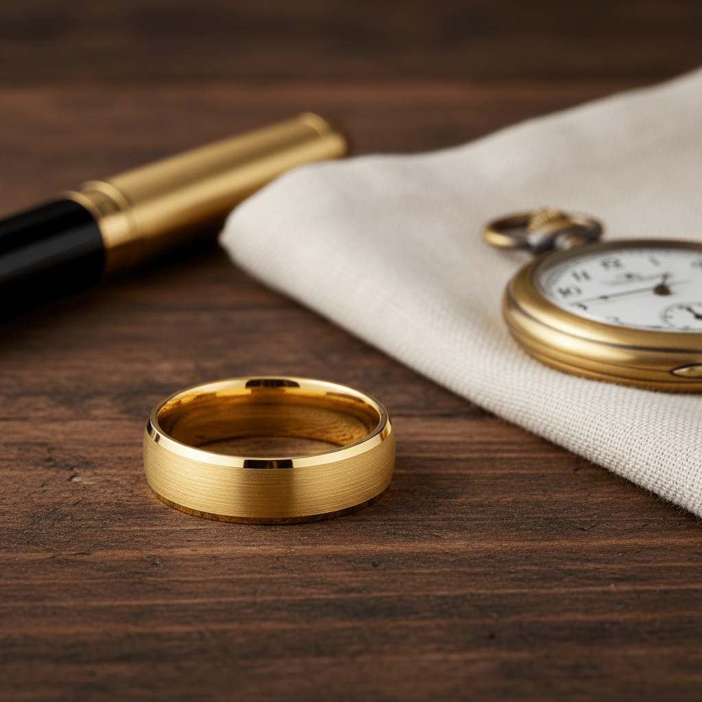 RADIANCE — Editorial masculine still life — men's tungsten wedding ring.