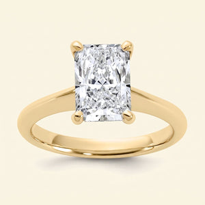 Radiant lab-grown diamond solitaire engagement ring, Yellow Gold, face-on detail macro