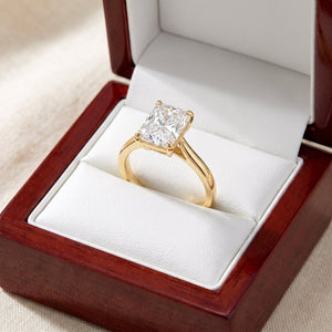 Radiant lab-grown diamond solitaire engagement ring, Yellow Gold, in cherry-wood ring box