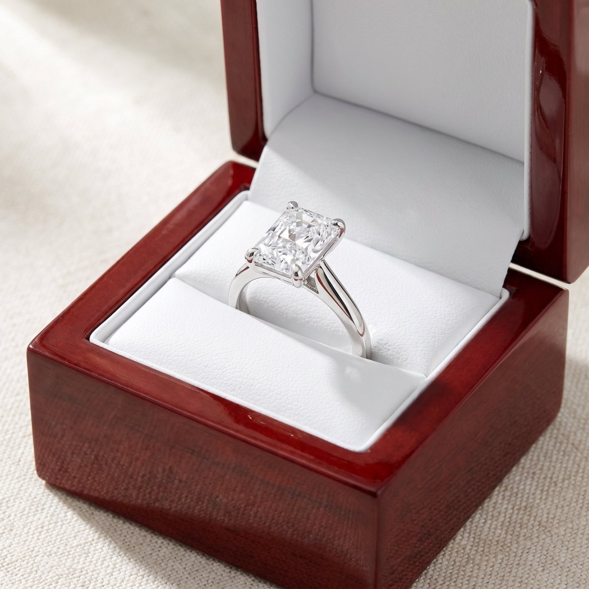 Radiant lab-grown diamond solitaire engagement ring, White Gold, in cherry-wood ring box