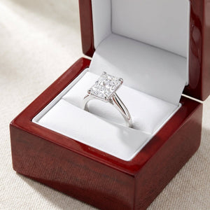 Radiant lab-grown diamond solitaire engagement ring, White Gold, in cherry-wood ring box