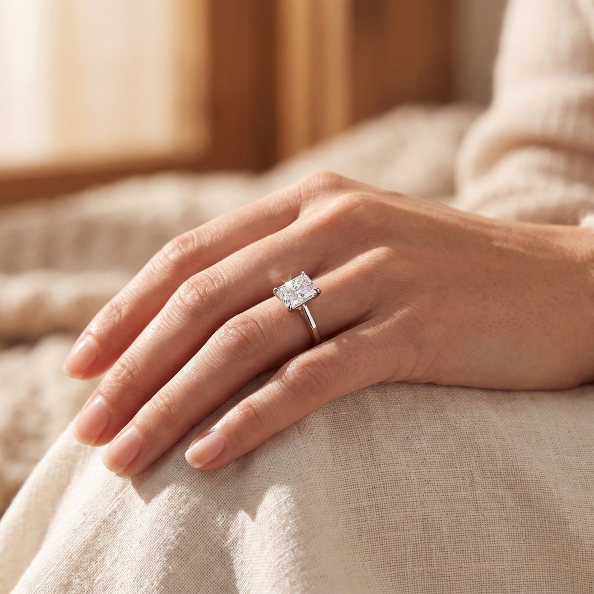 Radiant lab-grown diamond solitaire engagement ring, White Gold, lifestyle photograph
