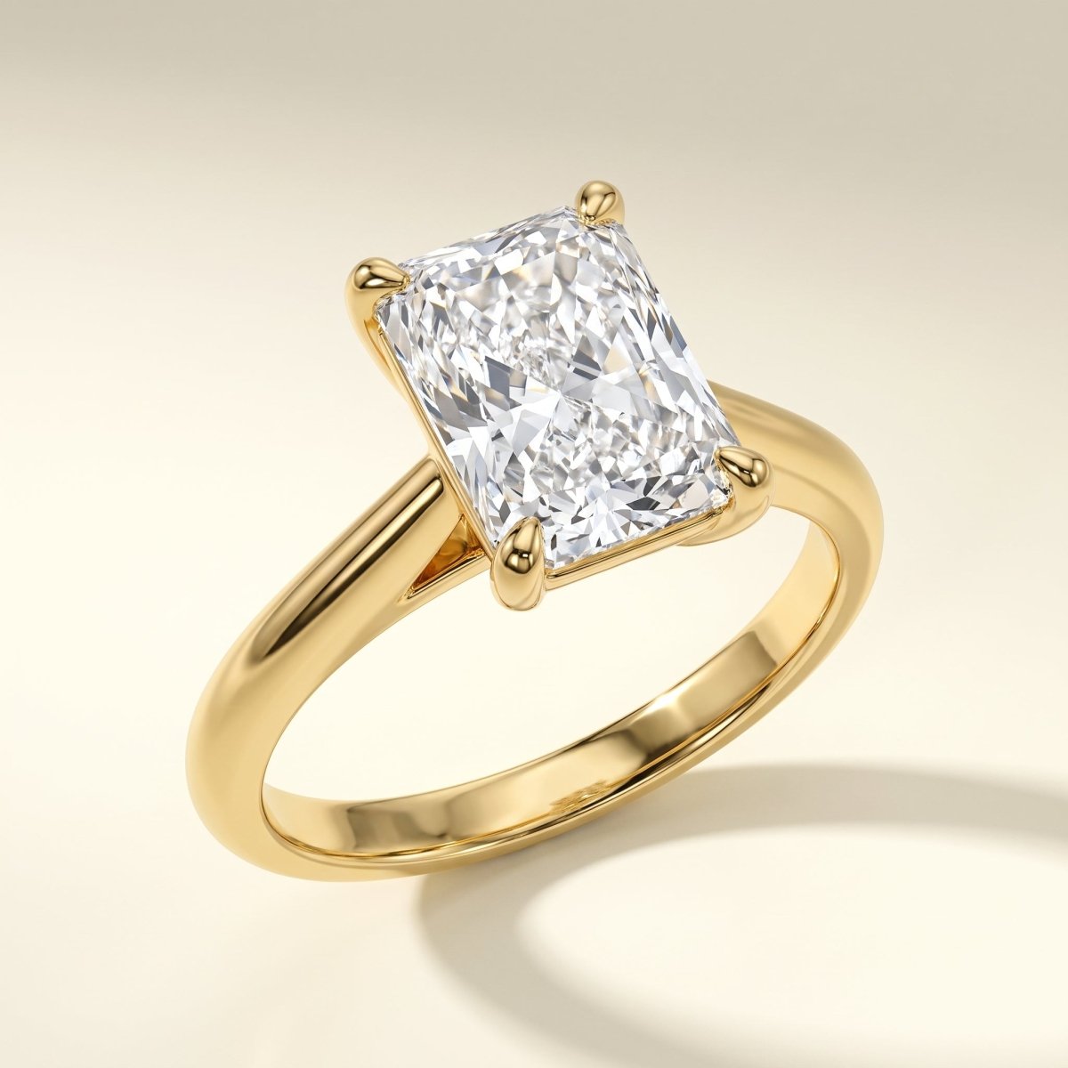 Radiant lab-grown diamond solitaire engagement ring, Yellow Gold, studio hero