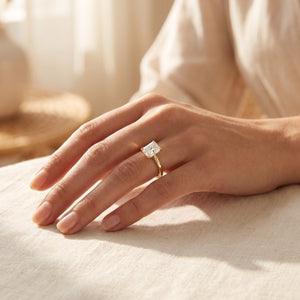Radiant lab-grown diamond solitaire engagement ring, Yellow Gold, lifestyle photograph