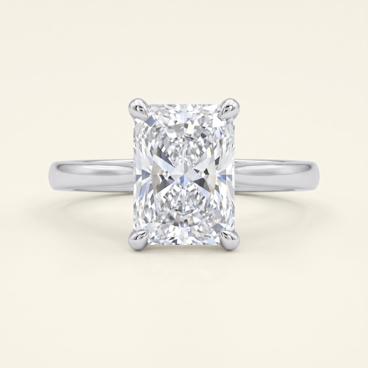 Radiant lab-grown diamond solitaire engagement ring, 925 Sterling Silver, face-on detail macro