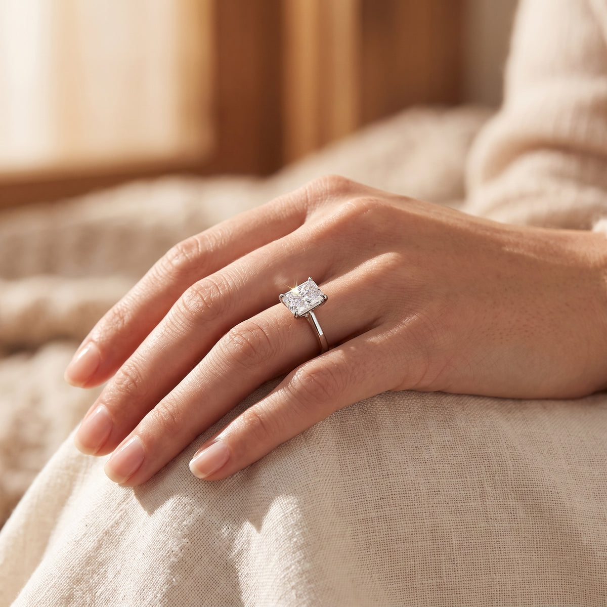 Radiant lab-grown diamond solitaire engagement ring, White Gold, lifestyle photograph