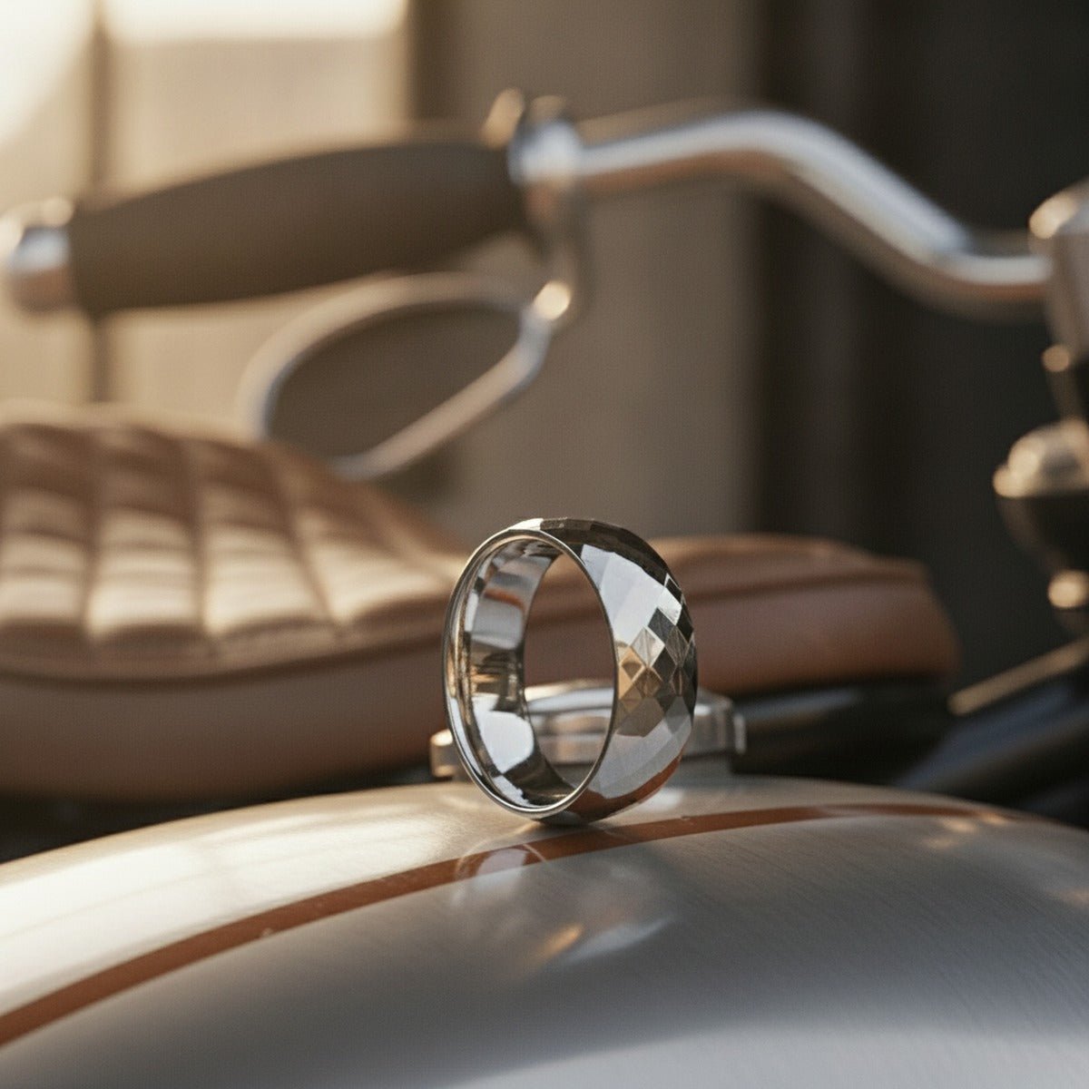 Aydins RANGER | Silver Tungsten Faceted Ring lifestyle scene, motorcycle tank