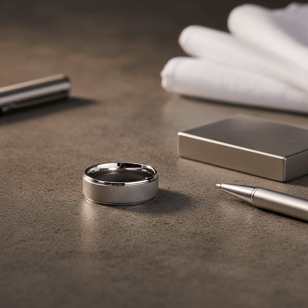 REFLECTIVA — Editorial masculine still life — men's tungsten wedding ring.