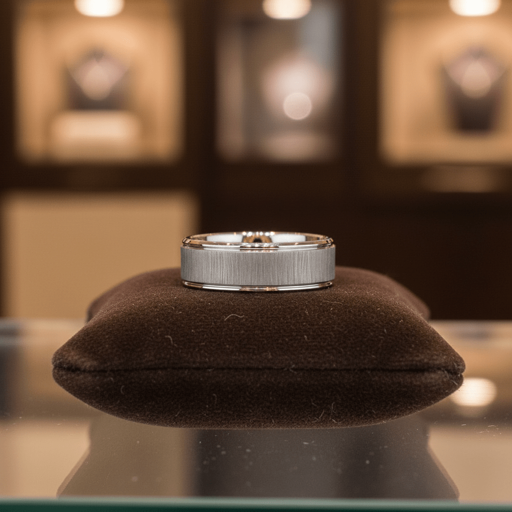 REFLECTIVA — Premium boutique display on velvet — men's tungsten wedding ring.