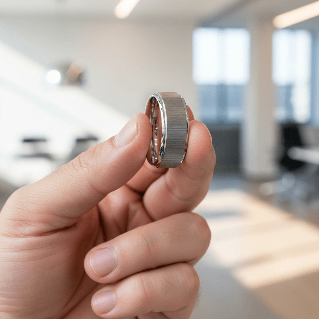 REFLECTIVA — Held between fingers close-up — men's tungsten wedding ring.