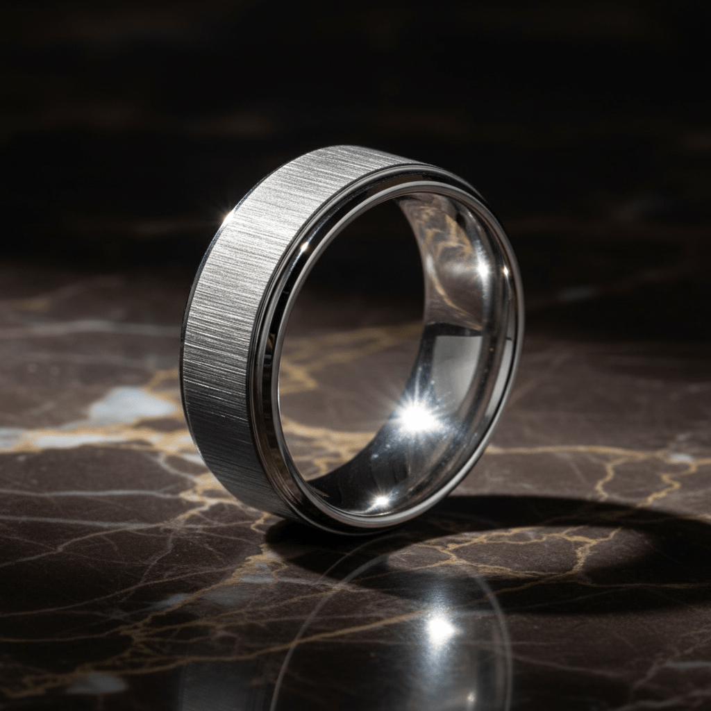 REFLECTIVA — Luxury 3/4 angle on dark marble — men's tungsten wedding ring.