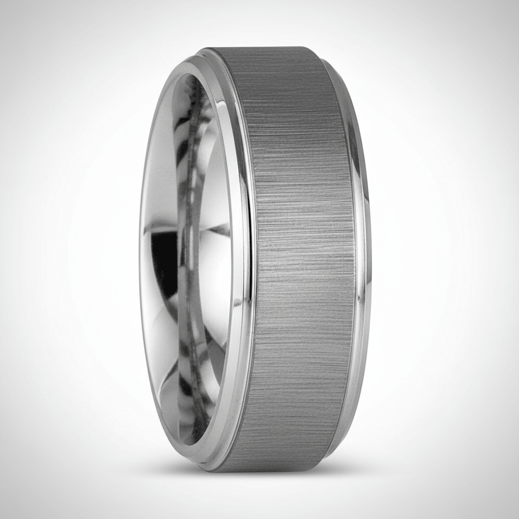 REFLECTIVA — Center-through axial view — men's tungsten wedding ring.