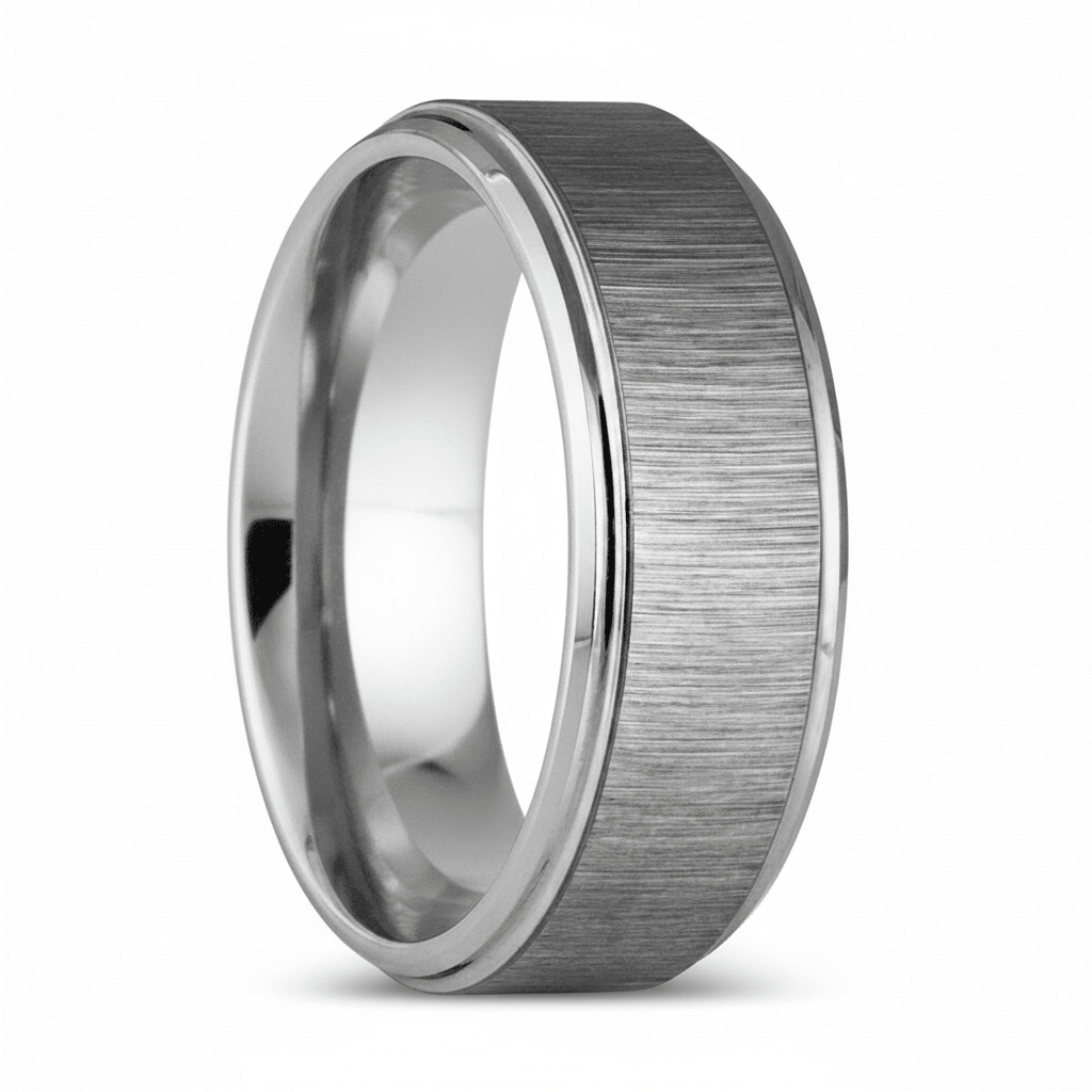 REFLECTIVA — Hero product shot — men's tungsten wedding ring.