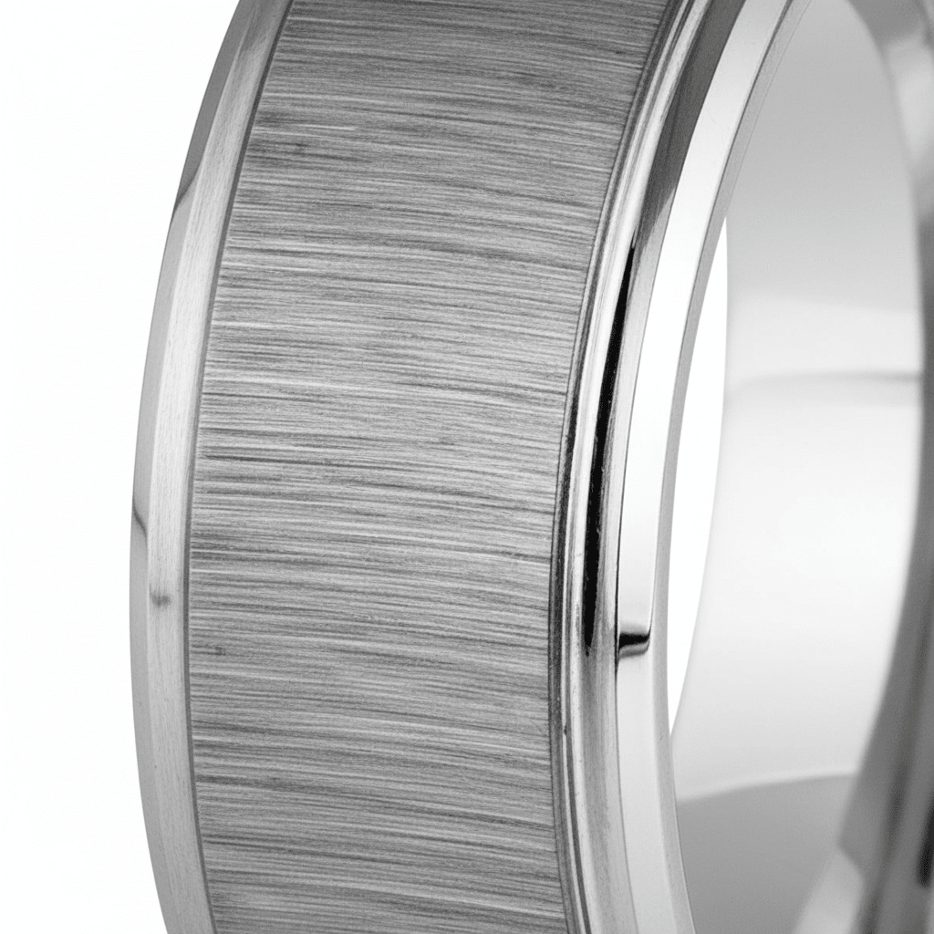 REFLECTIVA — Extreme macro detail — men's tungsten wedding ring.
