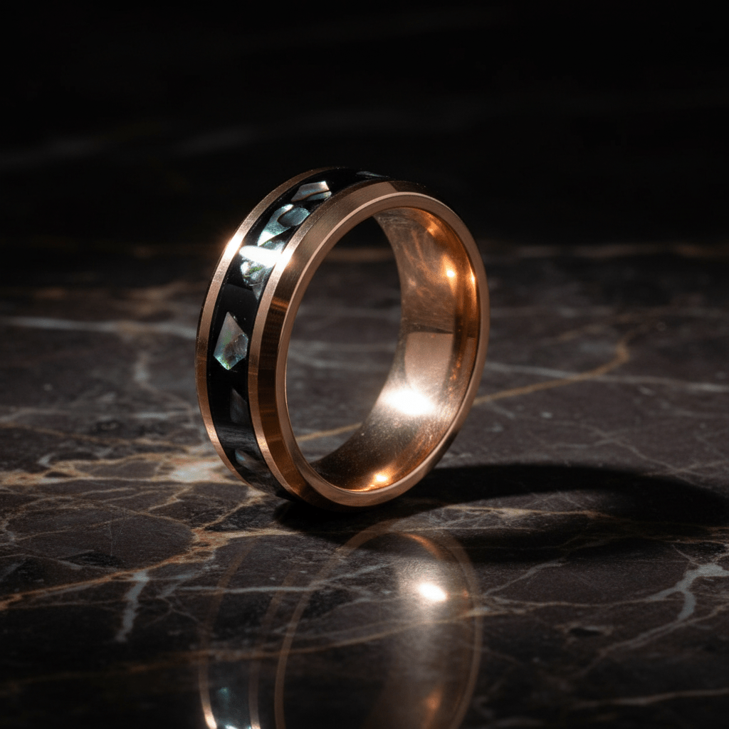 RESINOVA — Luxury 3/4 angle on dark marble — men's tungsten wedding ring.