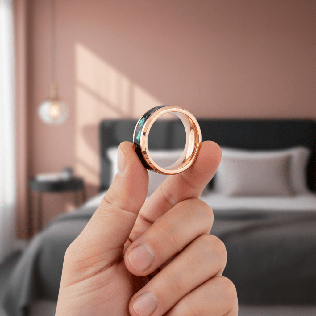 RESINOVA — Held between fingers close-up — men's tungsten wedding ring.