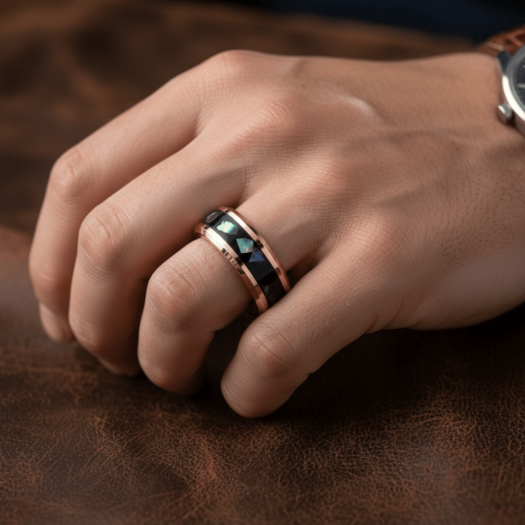 RESINOVA — Lifestyle photo on hand — men's tungsten wedding ring.