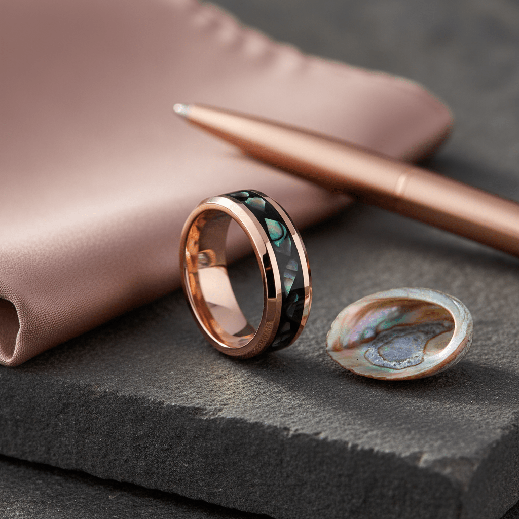 RESINOVA — Editorial masculine still life — men's tungsten wedding ring.