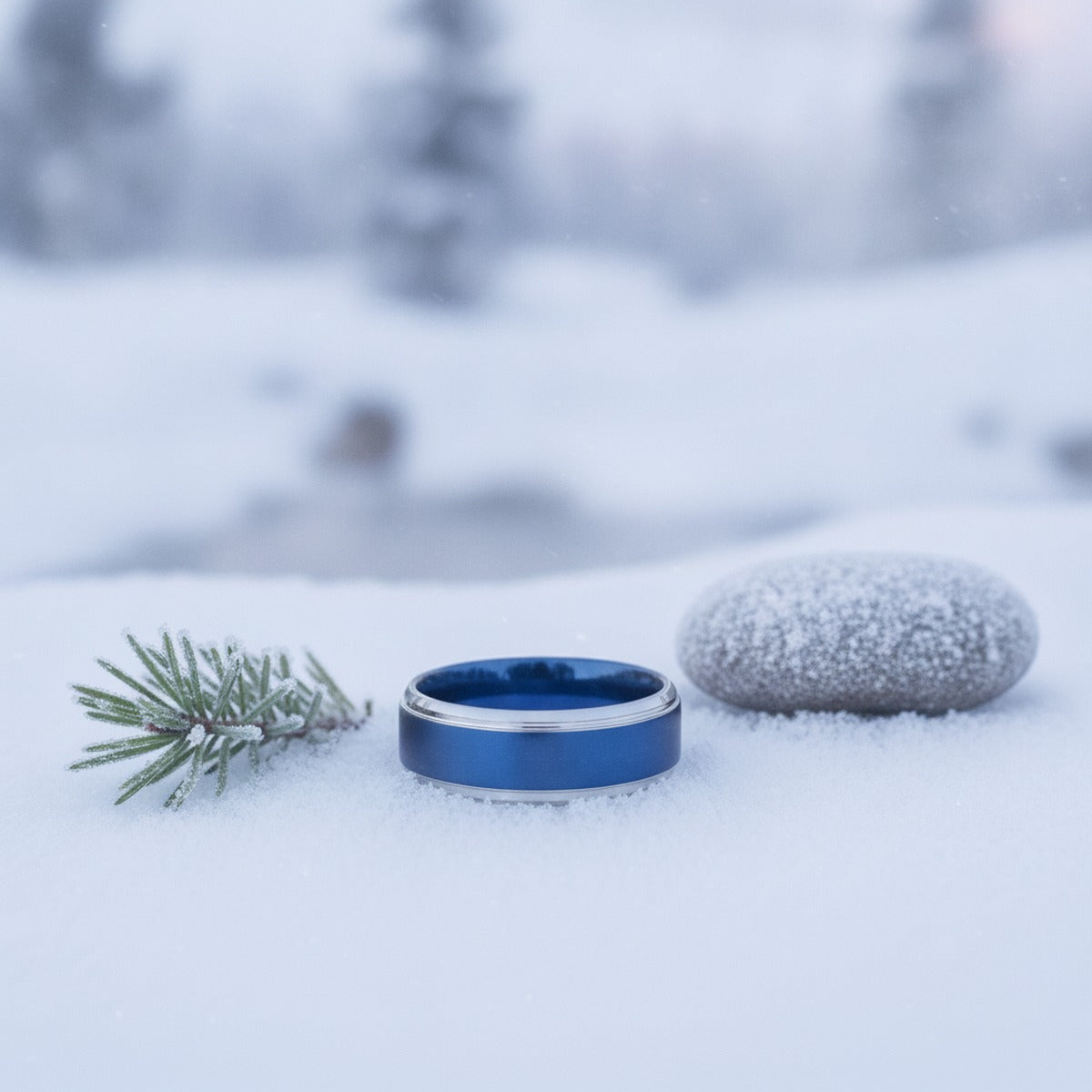 Aydins LINARD | Brushed Deep Blue Tungsten Silver Stepped Edge Wedding Ring 8mm lifestyle scene, snowy pine