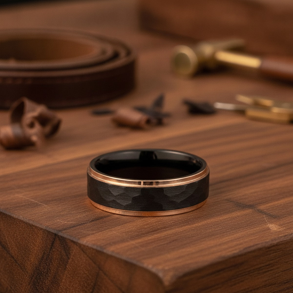 Aydins VOLANTIS | Black Tungsten Hammered Center Rose Gold Stepped Edges 8mm lifestyle scene, dark walnut workshop