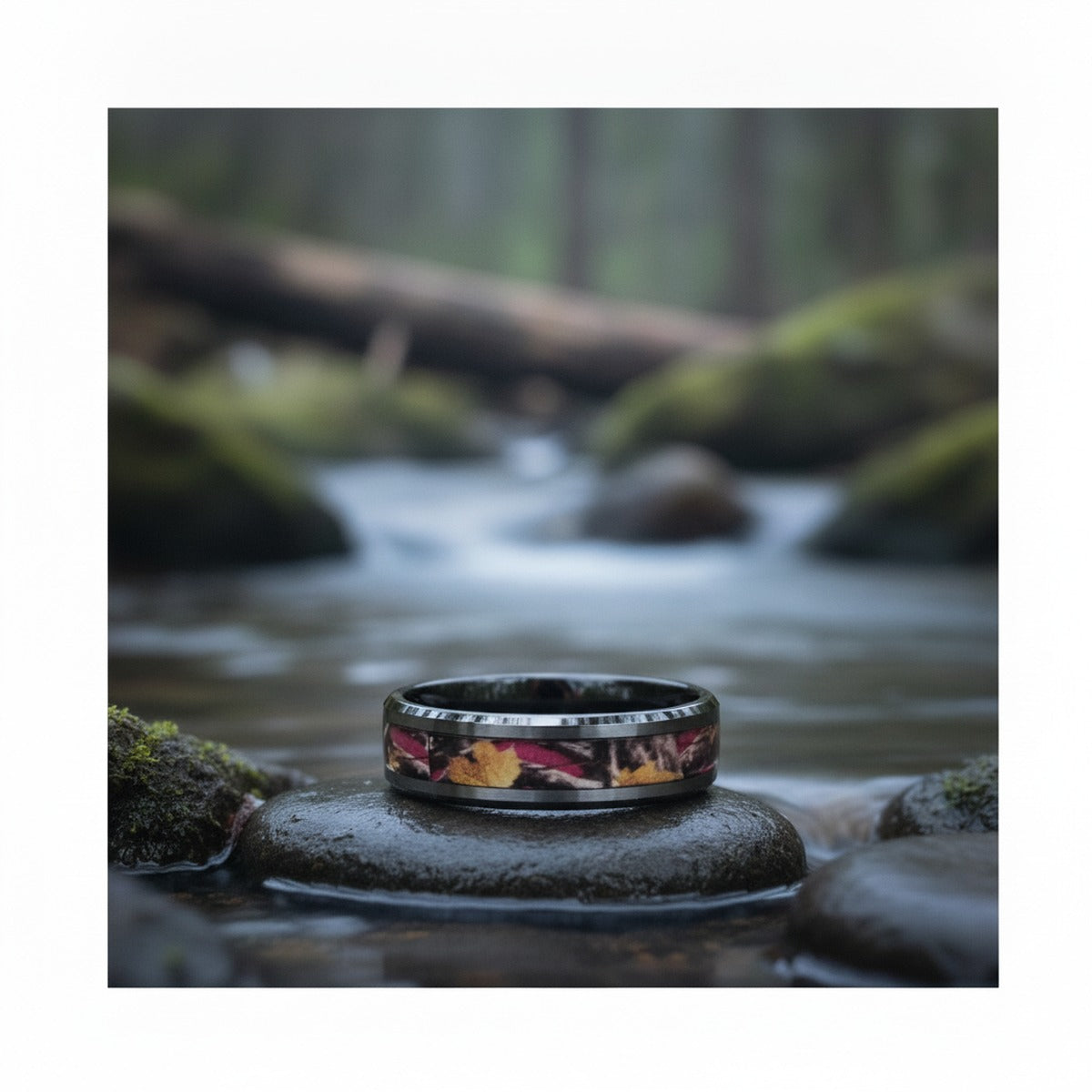 Aydins LAUREL | Ceramic Ring Real Pink Oak Leaves lifestyle scene, river stones