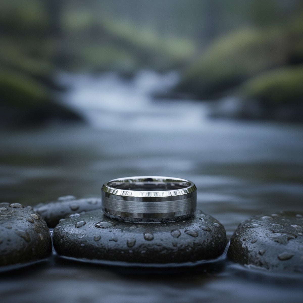 Aydins ROCK | Silver Tungsten Brushed Beveled Wedding Ring 8mm lifestyle scene, river stones