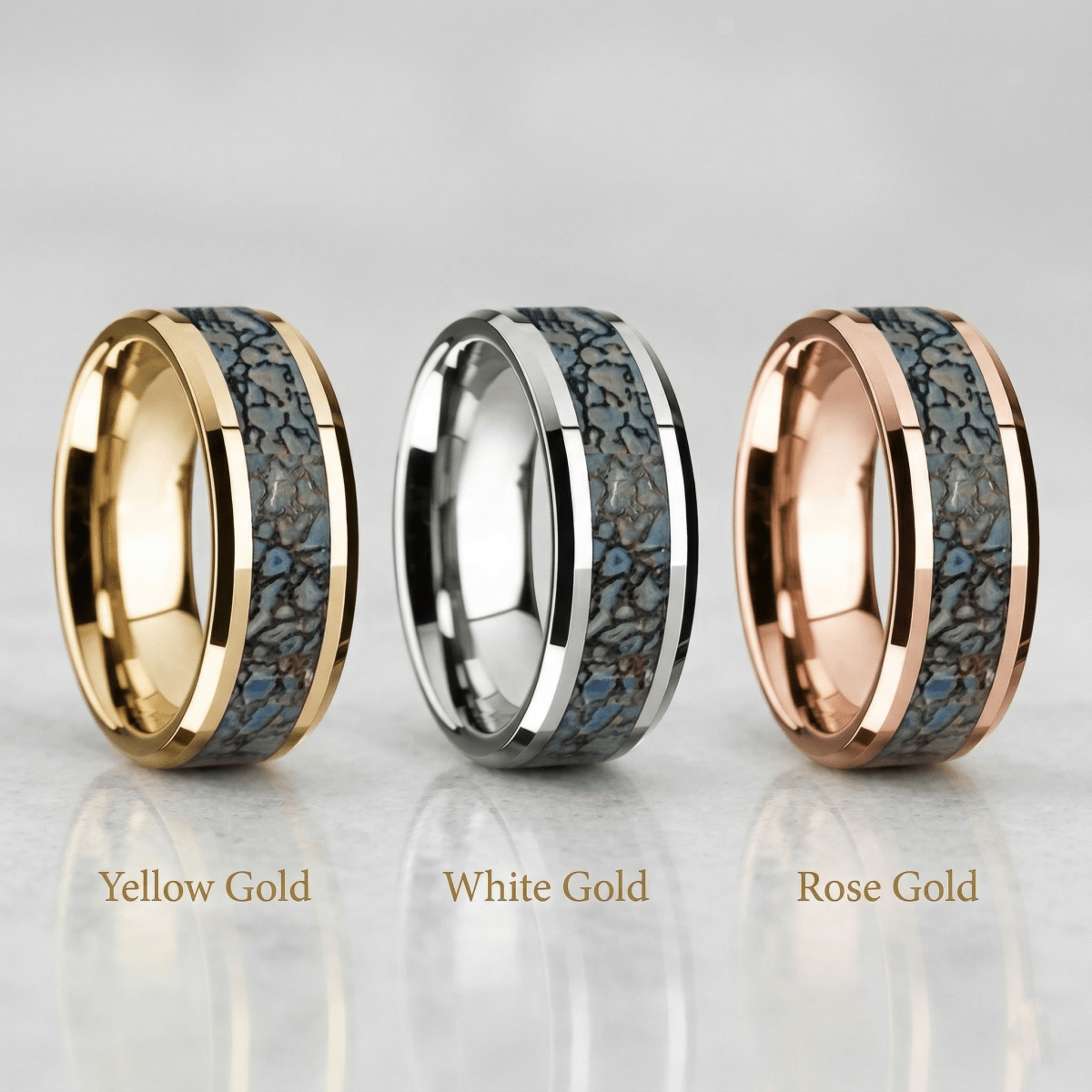 Dinosaur Bone inlay 14k yellow gold wedding band 8mm, top view