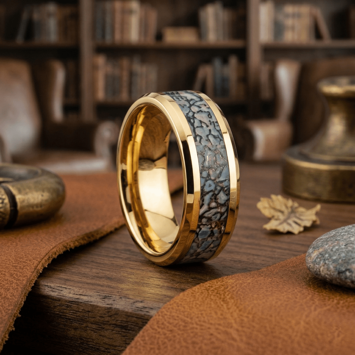 Dinosaur Bone inlay 14k yellow gold wedding band 8mm, on the hand