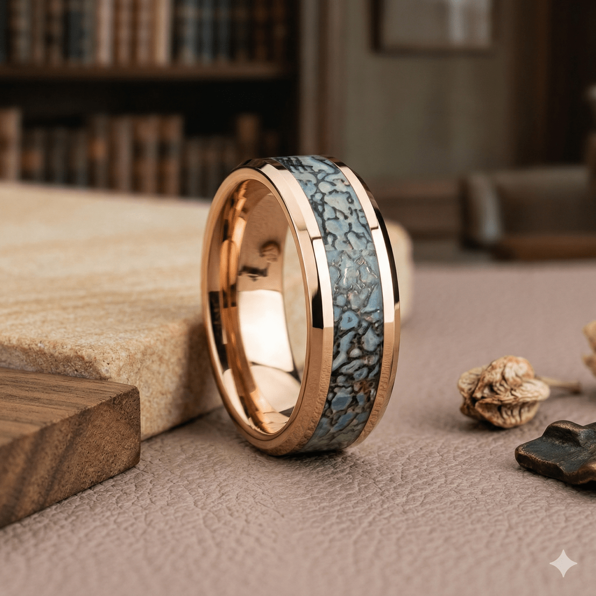 Dinosaur Bone inlay 14k yellow gold wedding band 8mm, additional view 6