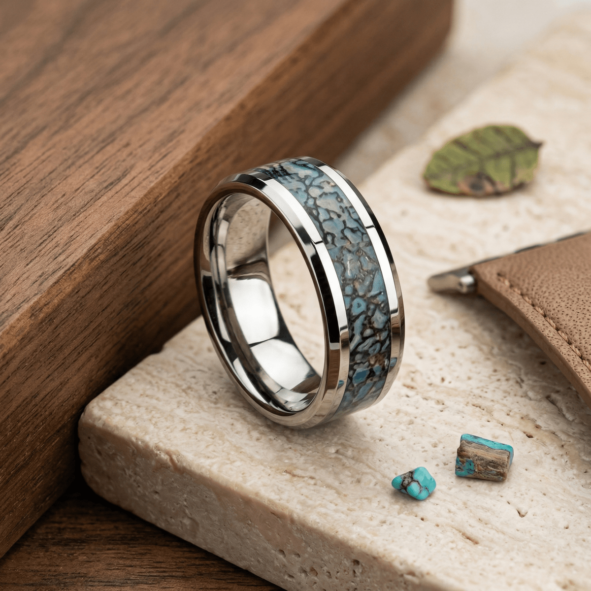 Dinosaur Bone inlay 14k yellow gold wedding band 8mm, angled view