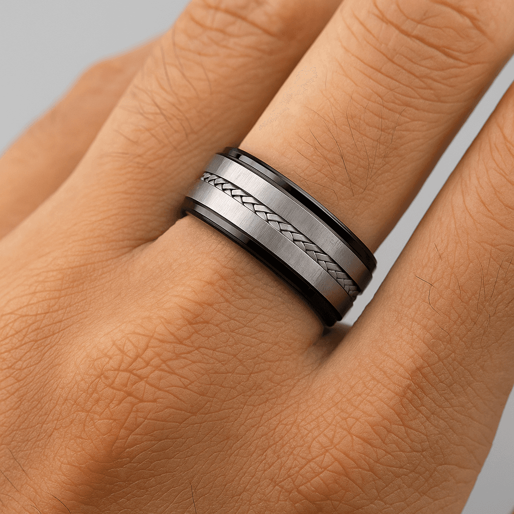Close-up of flat brushed finish and rope center design on Ring Finger