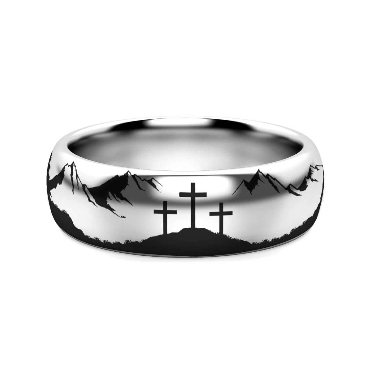 RIDGE silver tungsten ring with mountain landscape laser-engraved around the band – Aydins Jewelry