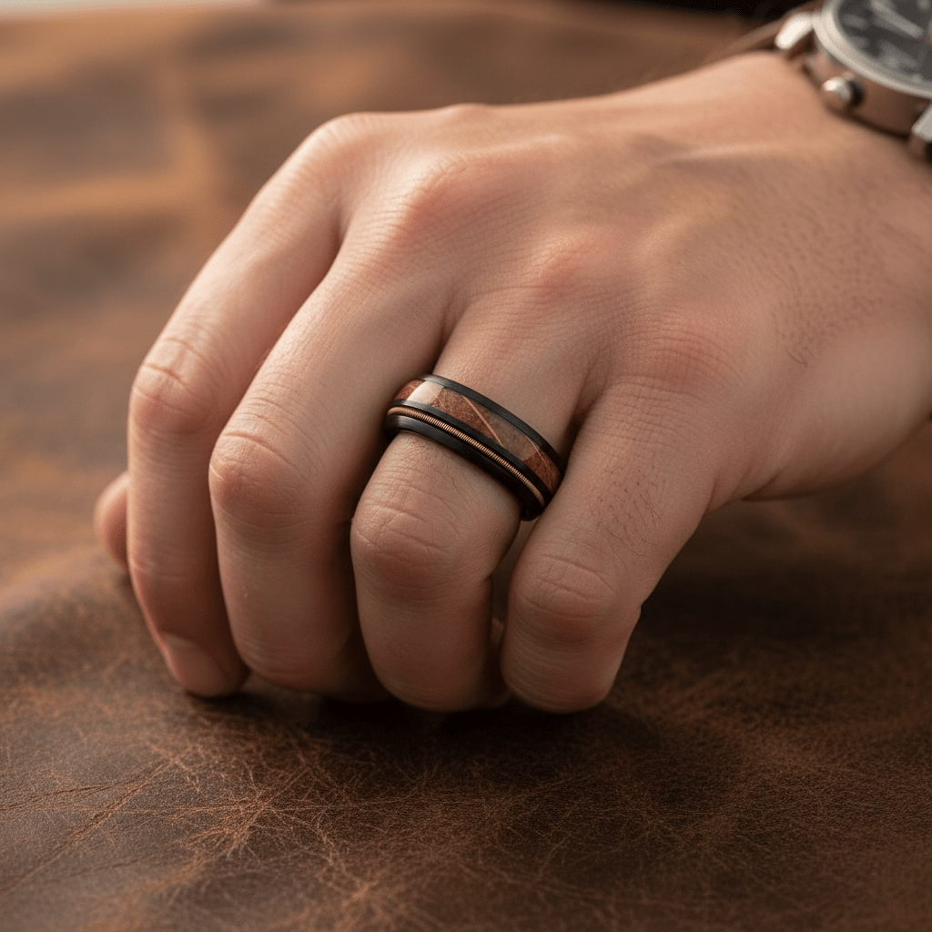 RIFFSON — Lifestyle photo on hand — men's tungsten wedding ring.
