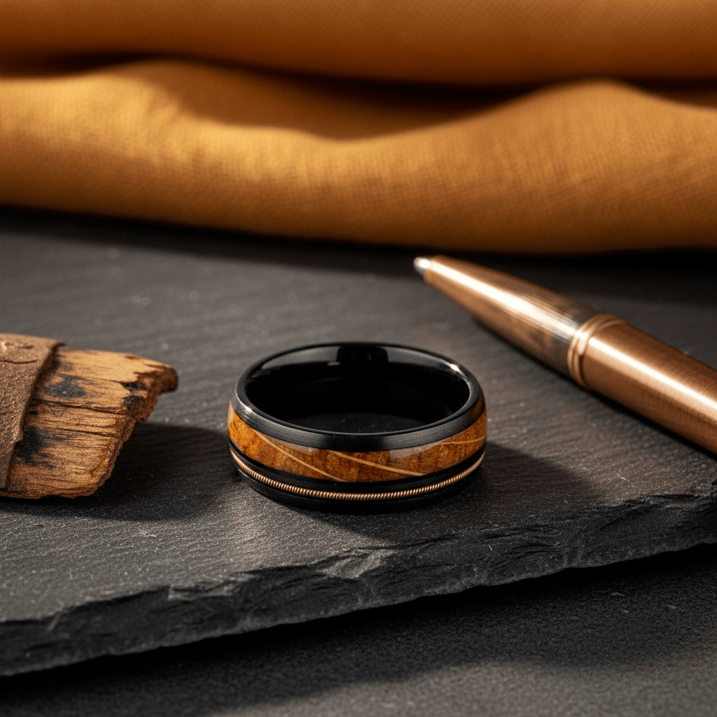 RIFFSON — Editorial masculine still life — men's tungsten wedding ring.