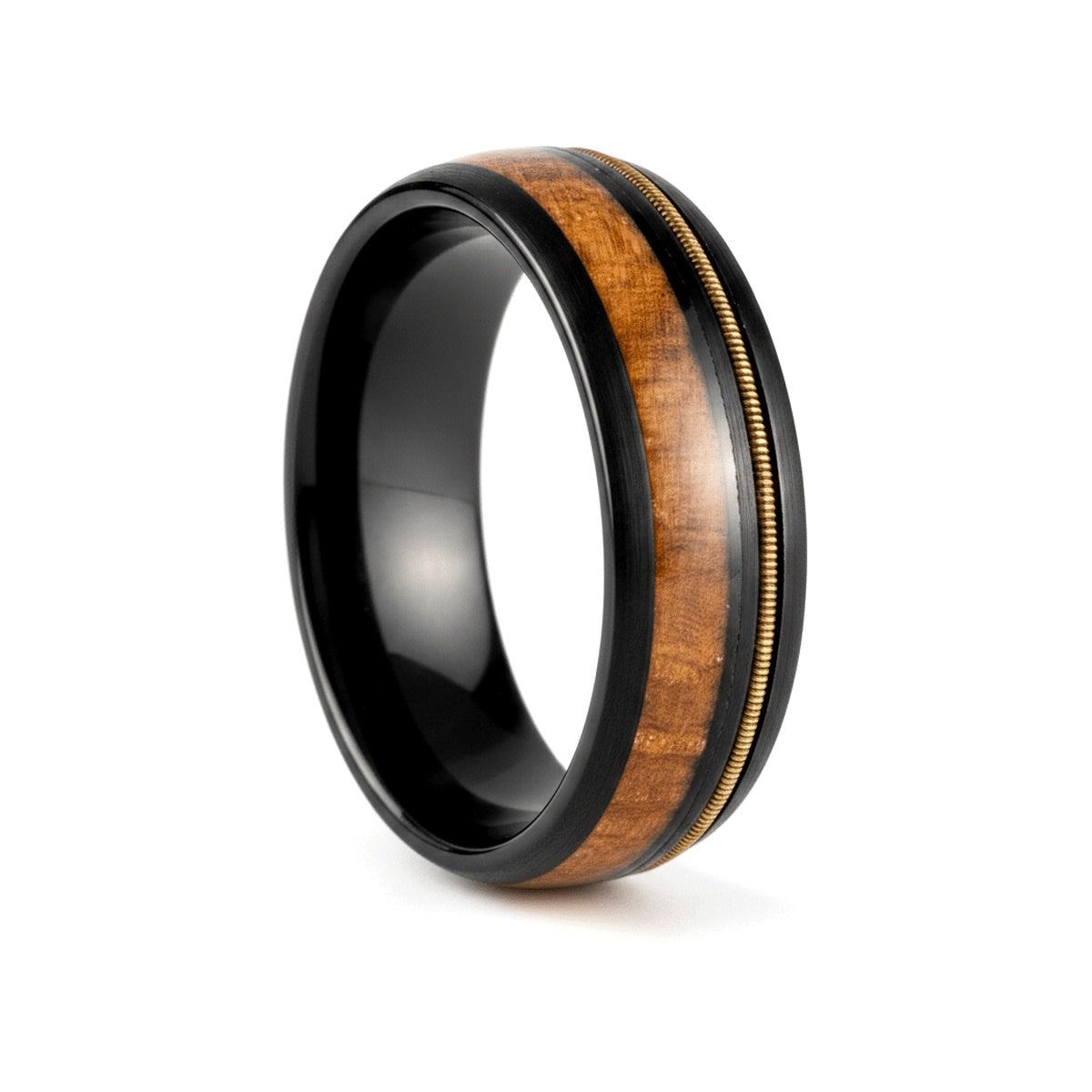 RIFFSON black tungsten ring with whiskey barrel wood and guitar string inlay - front view