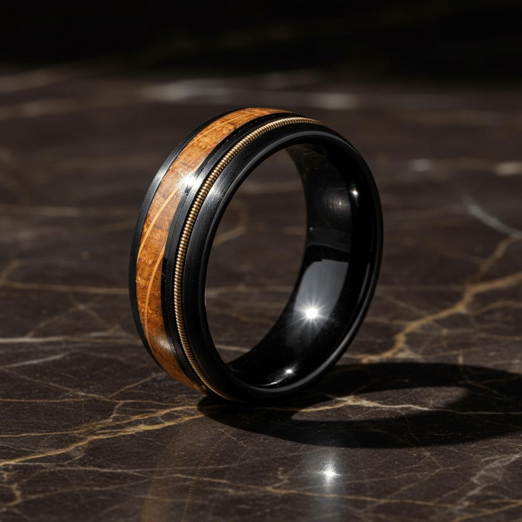 RIFFSON — Luxury 3/4 angle on dark marble — men's tungsten wedding ring.