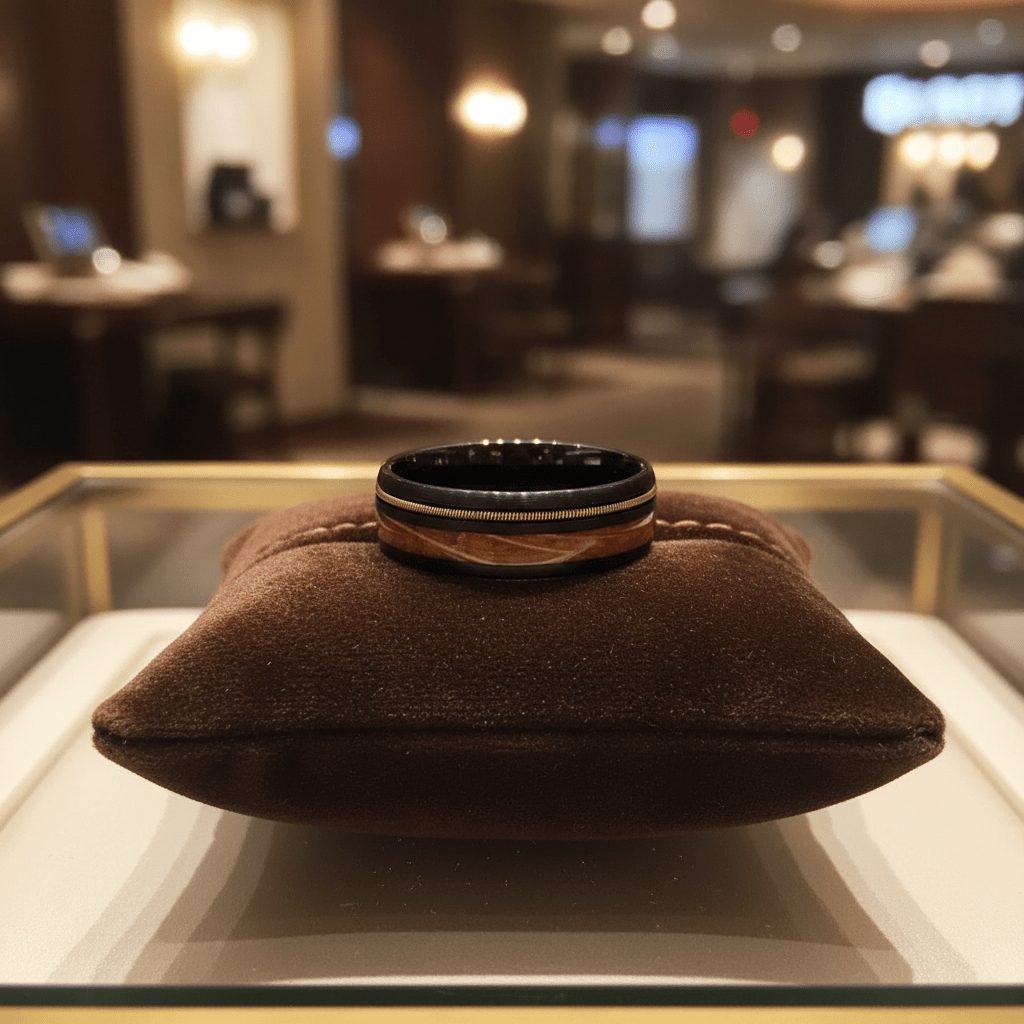 RIFFSON — Premium boutique display on velvet — men's tungsten wedding ring.