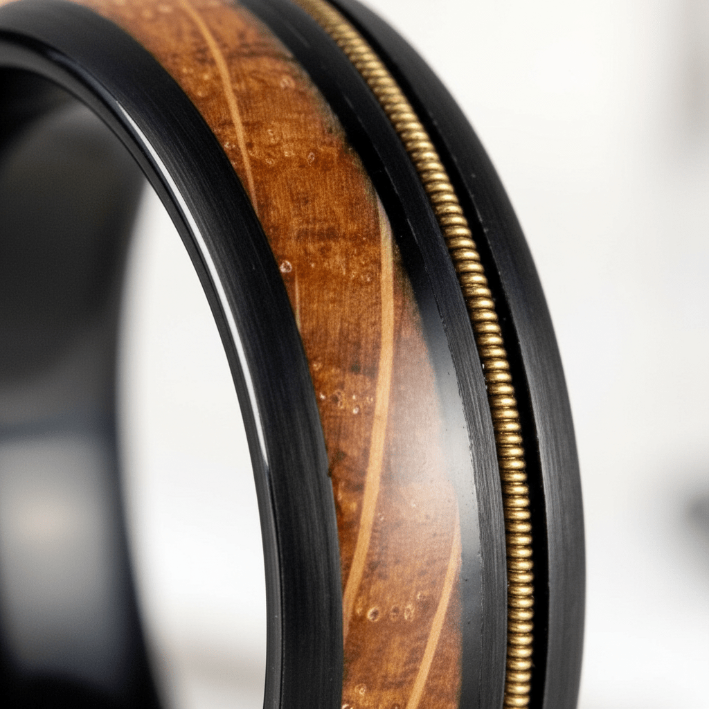 RIFFSON — Extreme macro detail — men's tungsten wedding ring.