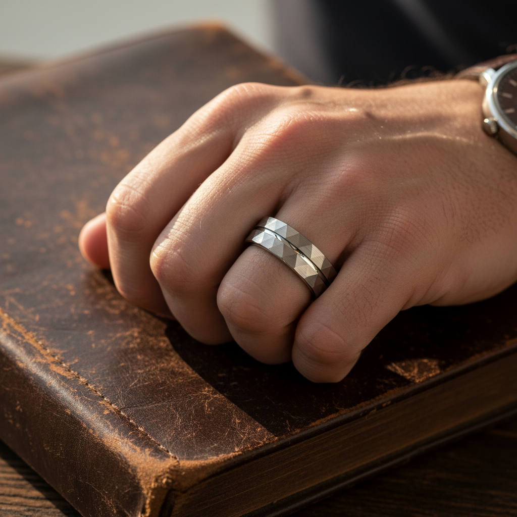ROCCO — Lifestyle photo on hand — men's tungsten wedding ring.