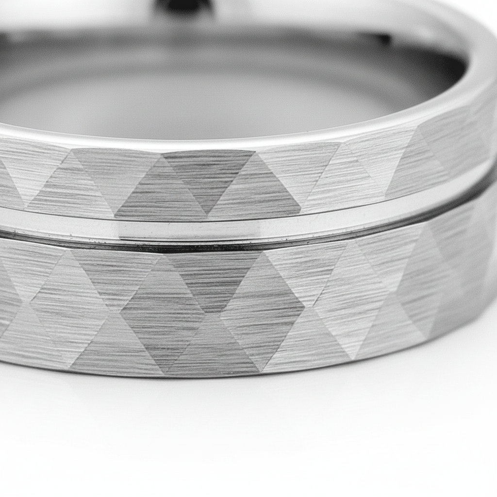 ROCCO — Extreme macro detail — men's tungsten wedding ring.