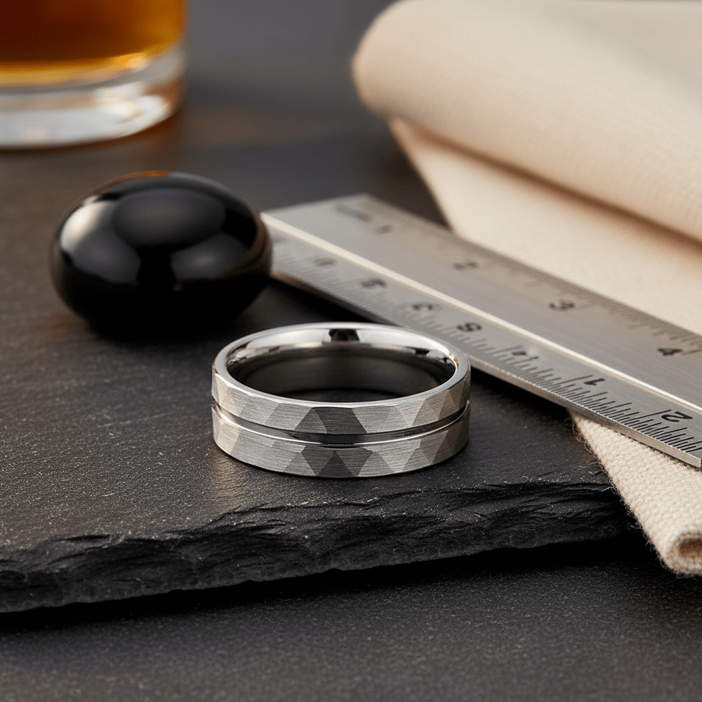 ROCCO — Editorial masculine still life — men's tungsten wedding ring.