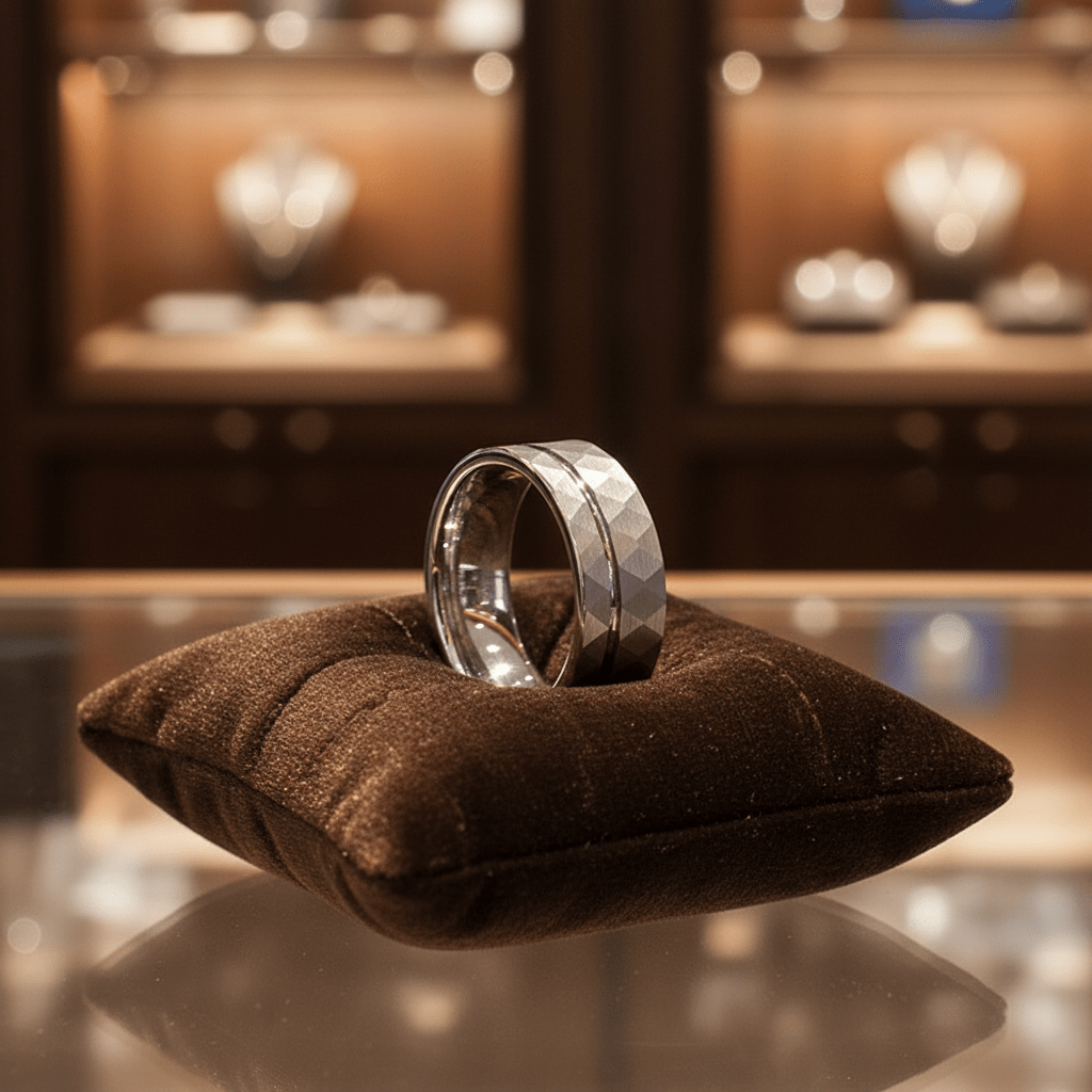 ROCCO — Premium boutique display on velvet — men's tungsten wedding ring.
